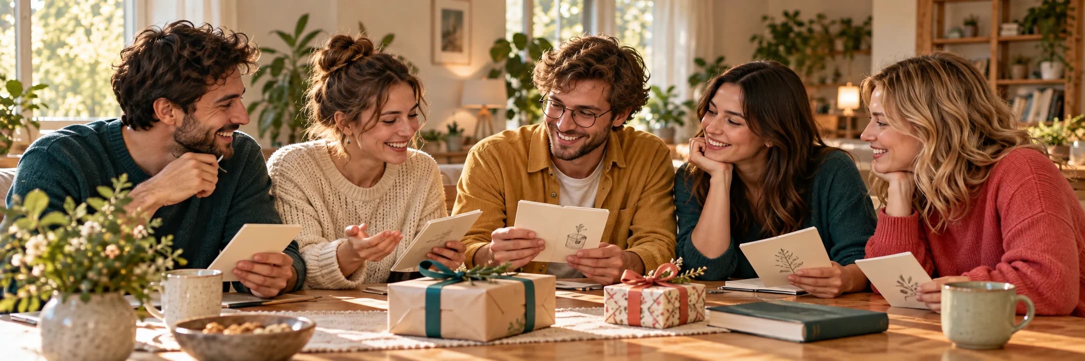 Friends making wishlists together around a celebration table