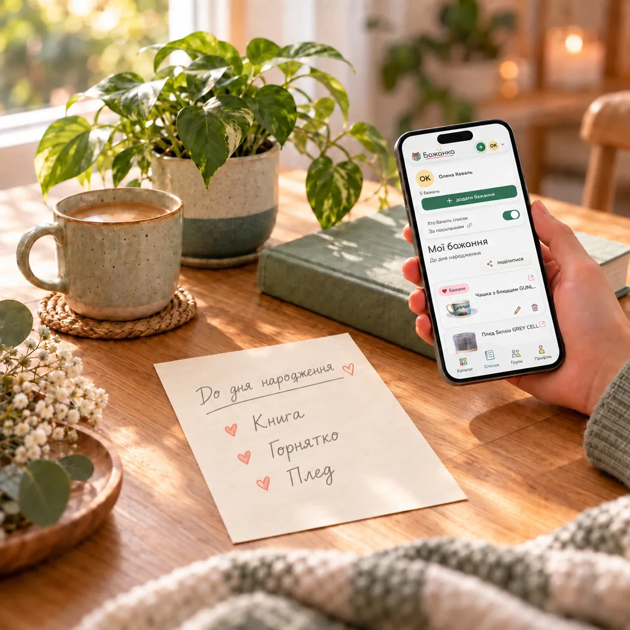 A handwritten wishlist and the app on a phone