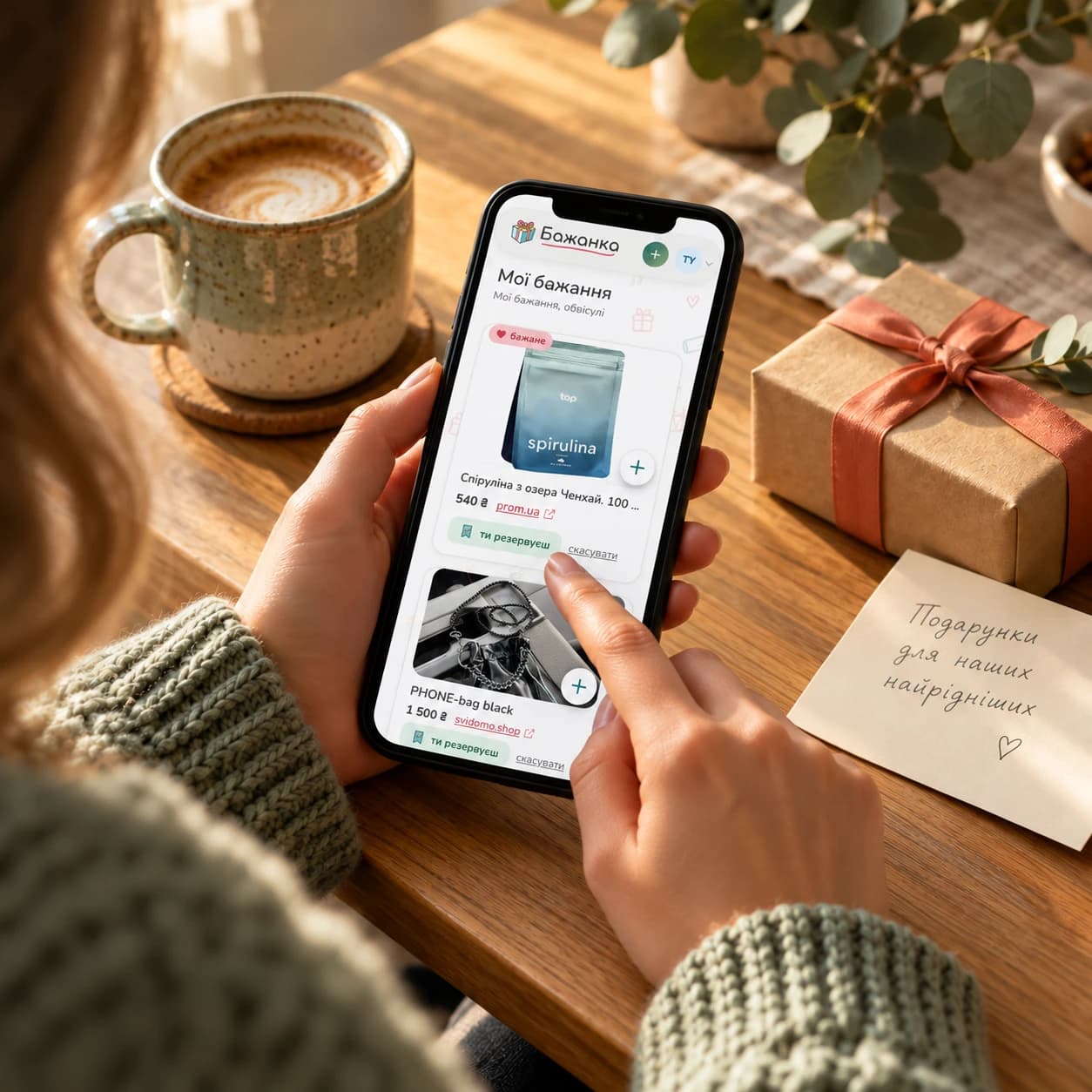 Reserving a gift in Bazhanka on a phone