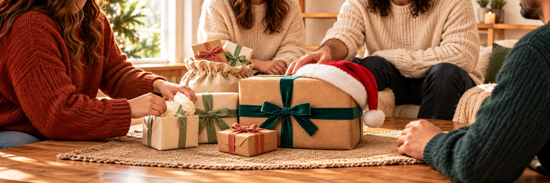 People exchanging gifts at a holiday gathering